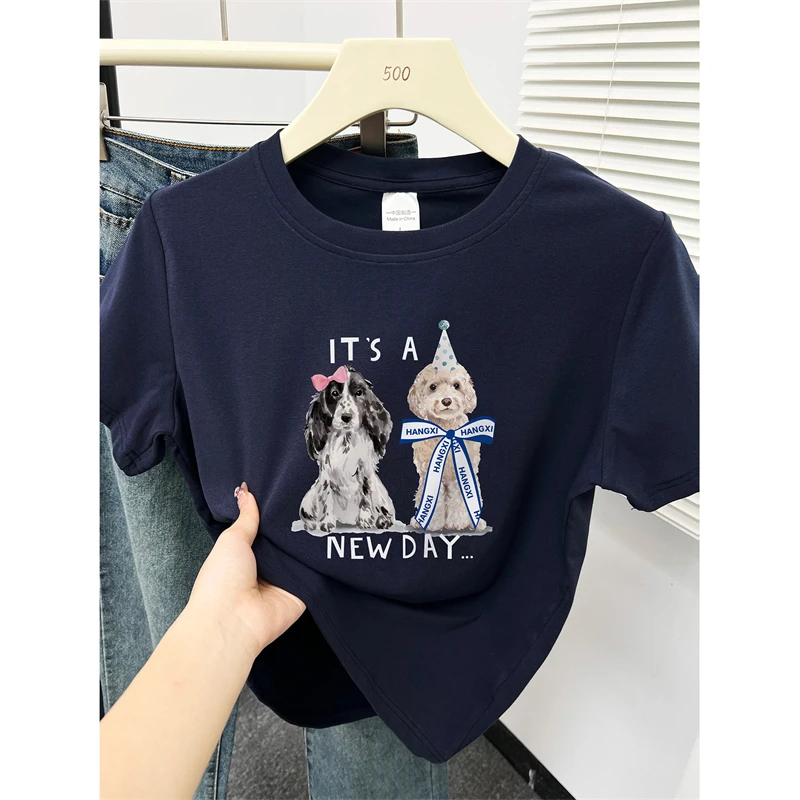 大码微胖遮肉正肩短袖t恤女夏季新款动物小狗图案休闲半袖上衣潮