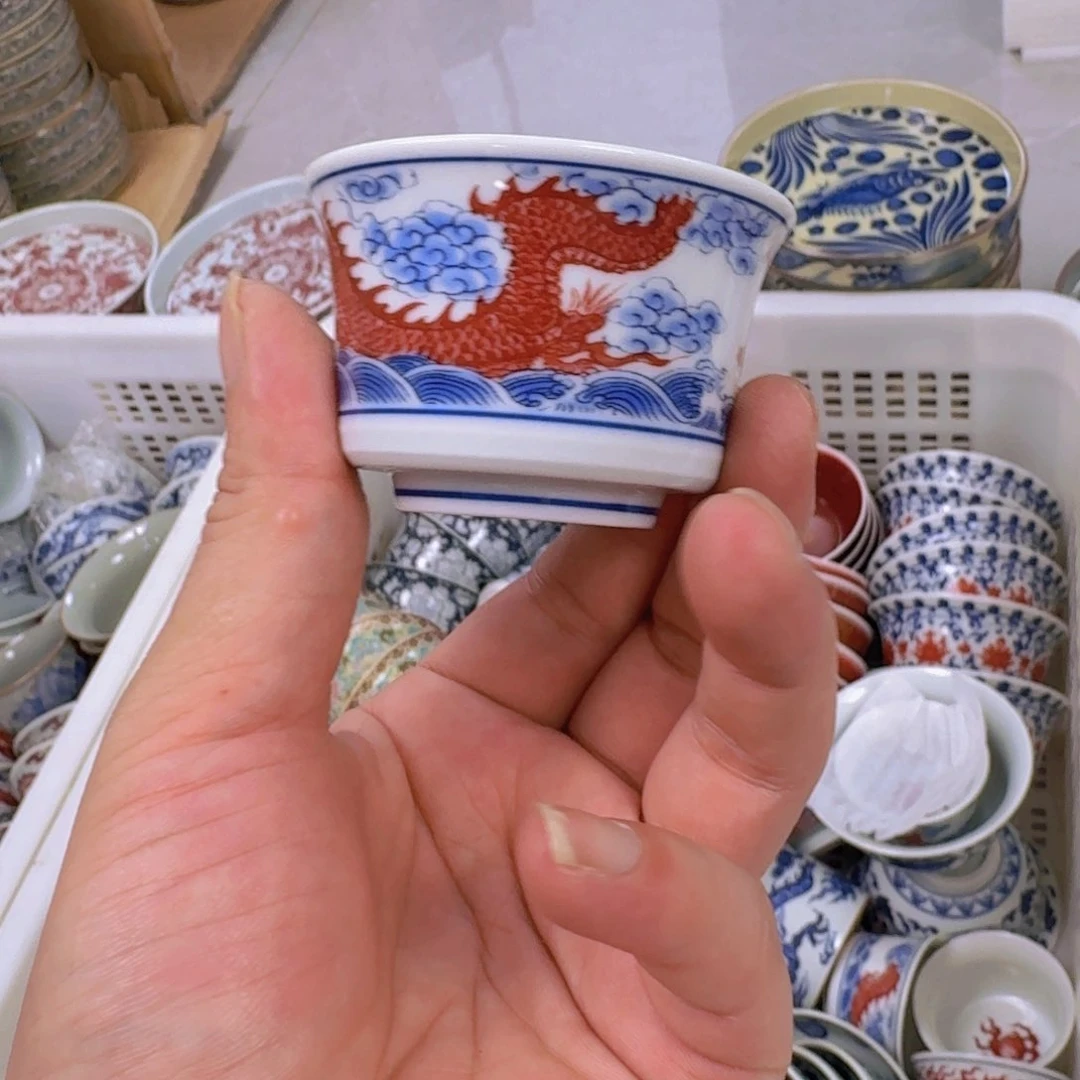 瓷片煜双龙戏珠马蹄客杯拍一发二