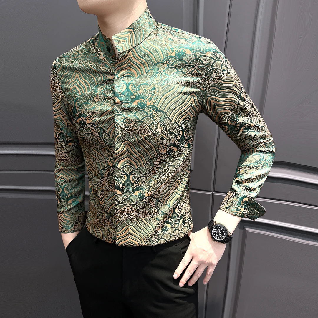 祥云男士花衬衫长袖2025新款国风男装秋季高级感立领修身男款衬衣