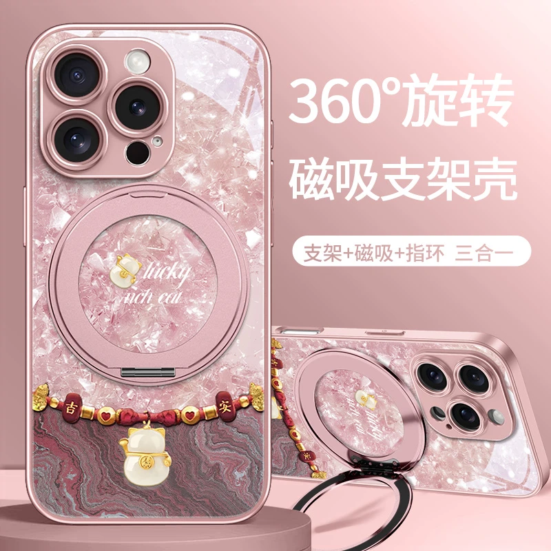 适用iPhone17撞色招财猫手机壳新款苹果17promax旋转支架16磁吸女