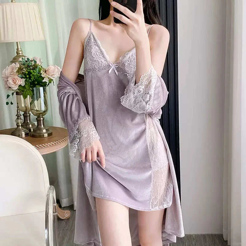 金丝绒睡衣女秋冬季2025新款带胸垫纯欲性感露背蕾丝吊带睡裙套装