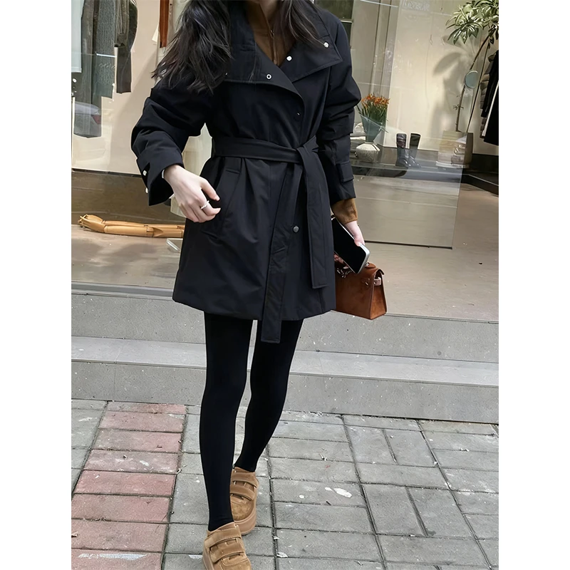 韩系简约风立领系带收腰显瘦羽绒服 鹅绒保暖风衣款羽绒服外套 女