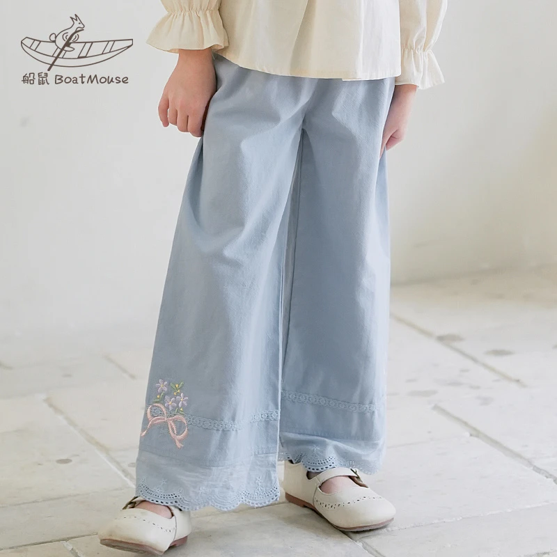 船鼠女童直筒阔腿裤纯棉宽松韩版刺绣花边儿童长裤春秋小女孩裤子