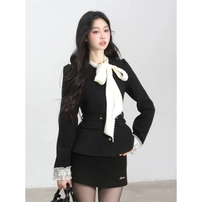 parkyeon赫本风高级感蕾丝蝴蝶结外套上衣女气质收腰包臀短裙套装