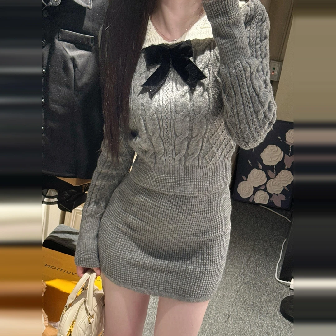灰色毛衣针织连衣裙子流行时尚潮牌女装秋2025新款一整套短裙