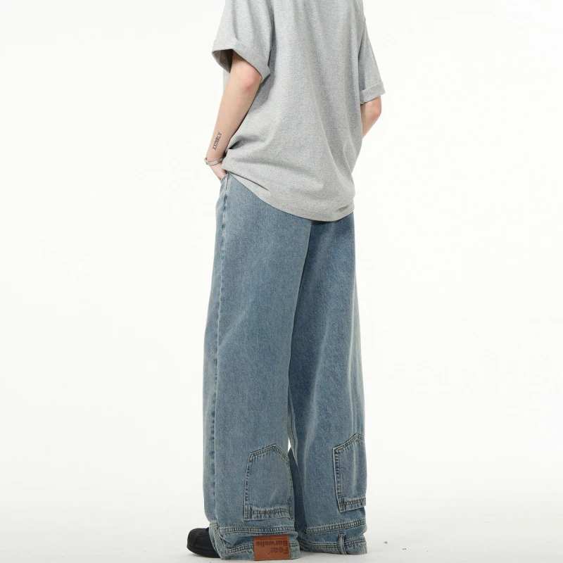 男潮宽松长裤设计感牛仔裤春季水洗做旧时尚阔腿高腰倒装洋气新品