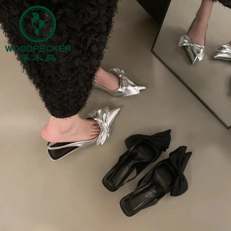 啄木鸟银色蝴蝶结气质单鞋鞋子女2025新款爆款春夏季包头高跟凉鞋