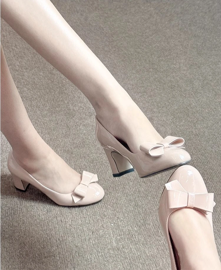 2025裸色高跟鞋女粗跟一脚蹬粉色仙女百搭蝴蝶结漆皮圆头单鞋025
