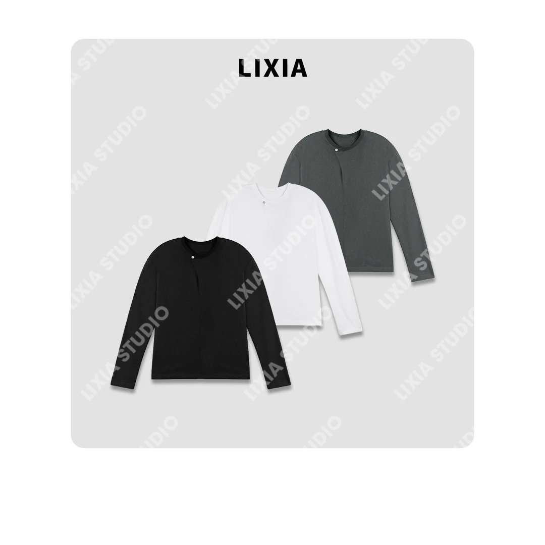 LIXIA【一粒扣】ins法式风情一粒扣领口设计感长袖舒适T恤-D7130