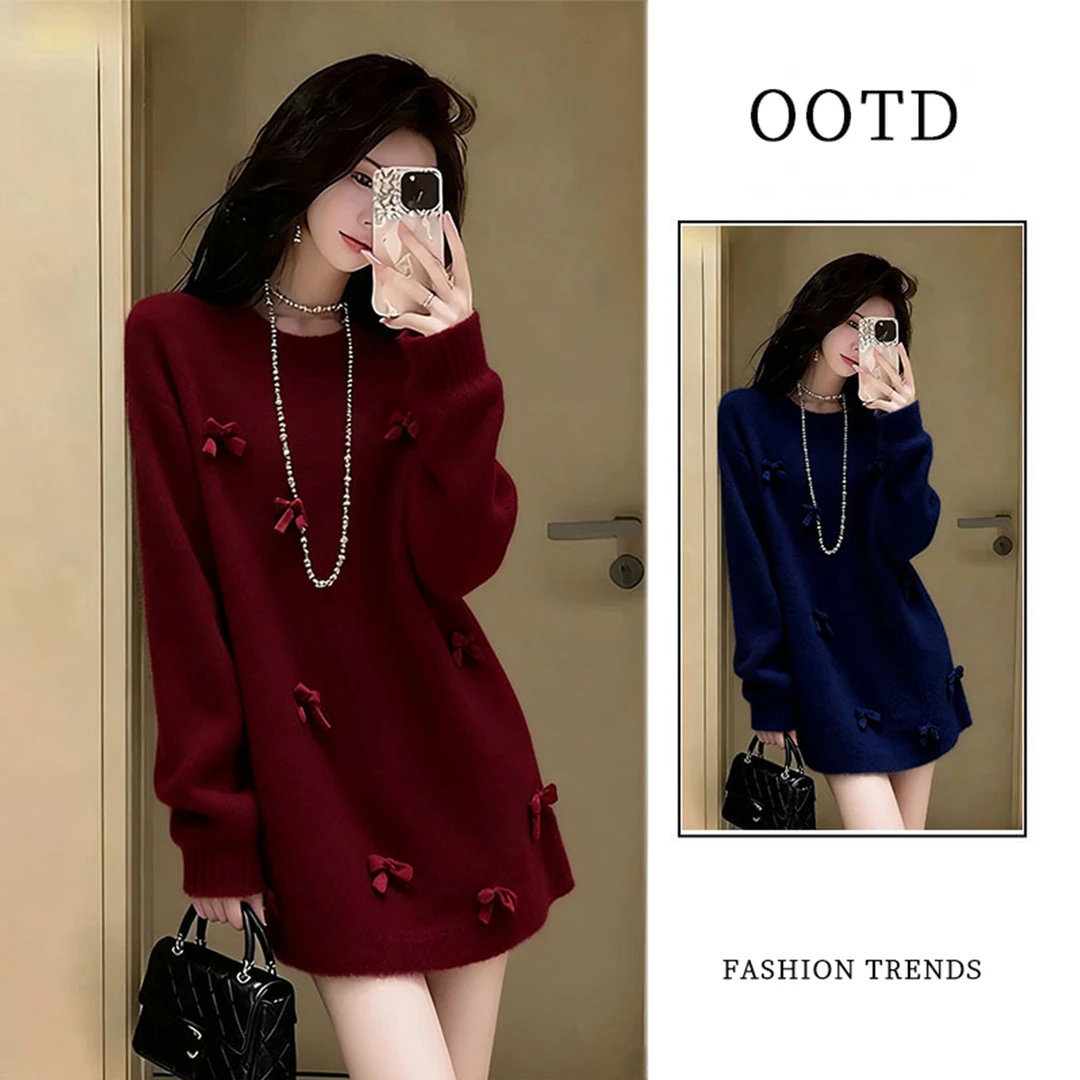 韩系立体花朵针织连衣裙女2026新款秋冬圣诞新年氛围感宽松毛衣裙