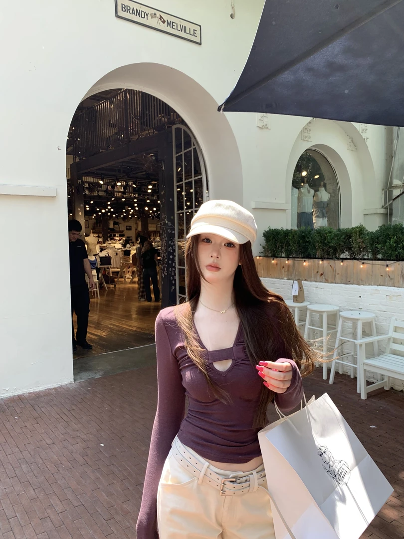 叶子 YEZIYZZ 纯欲性感紫色镂空长袖T恤女早秋设计感褶皱修身上衣