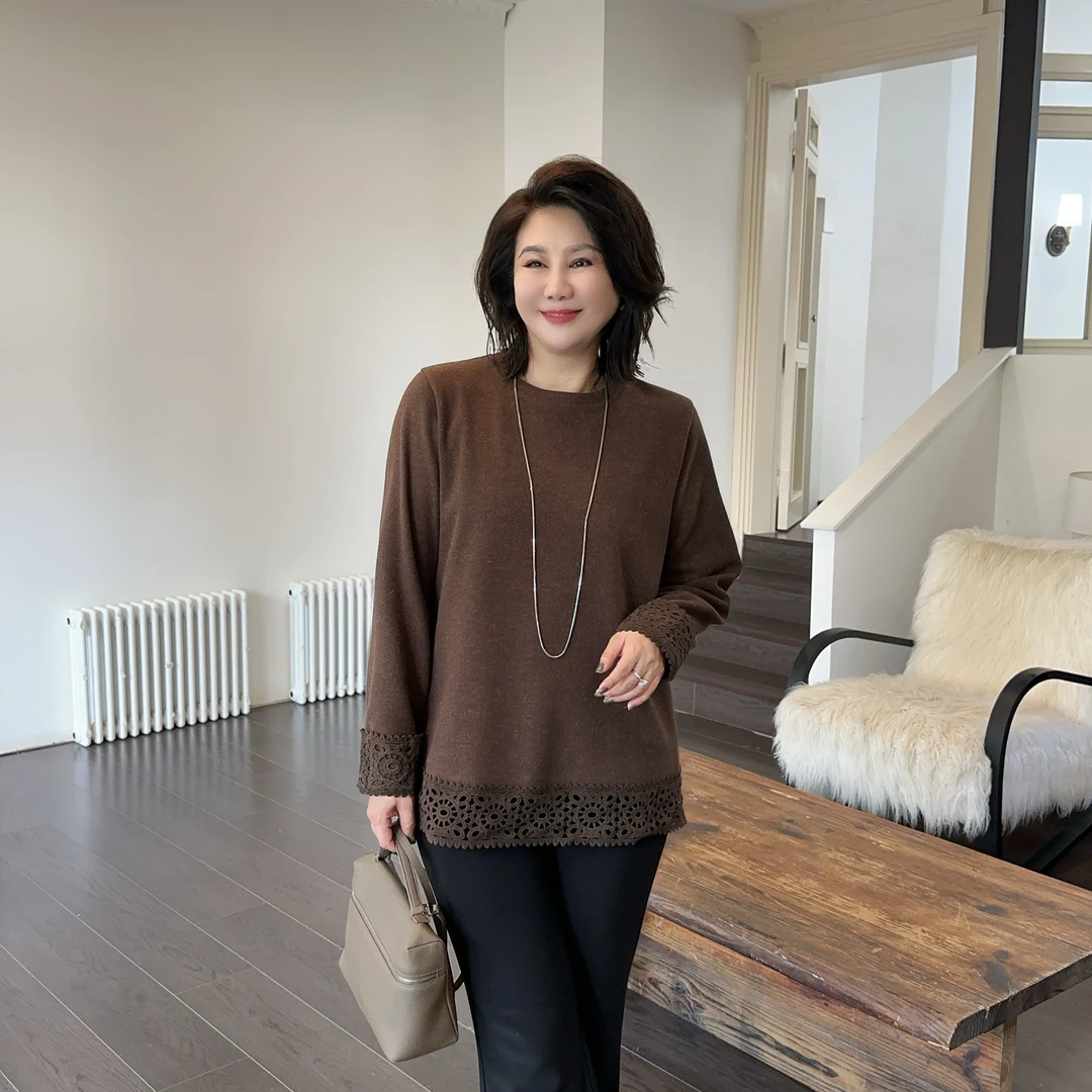 微胖女装【回卫无穷】仿羊绒拼接刺绣镂空花边卫衣秋冬上衣20850