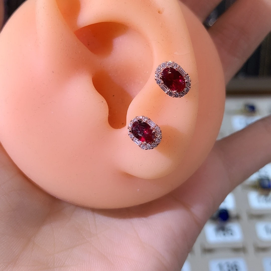 银S925镶嵌耳饰红宝石酒红玫瑰金46