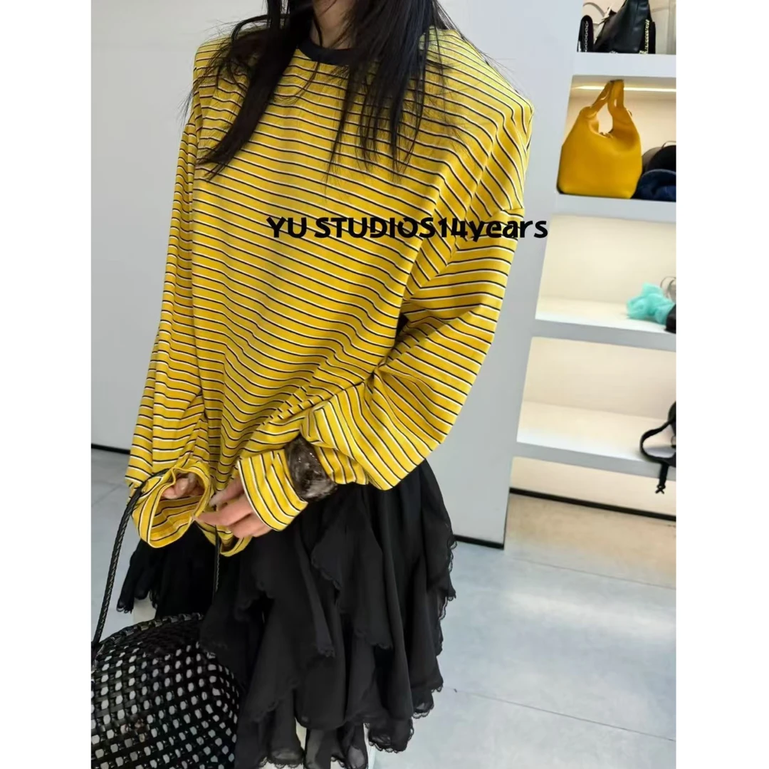 【现货-黄条纹长袖】東room春季新款韩版百搭黄条纹垫肩长袖T恤女