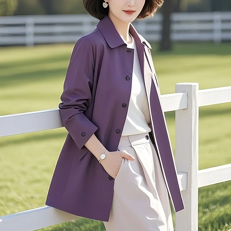 2025紫色新款翻领风衣外套女夏季宽松时尚减龄中长款开衫夹克上衣