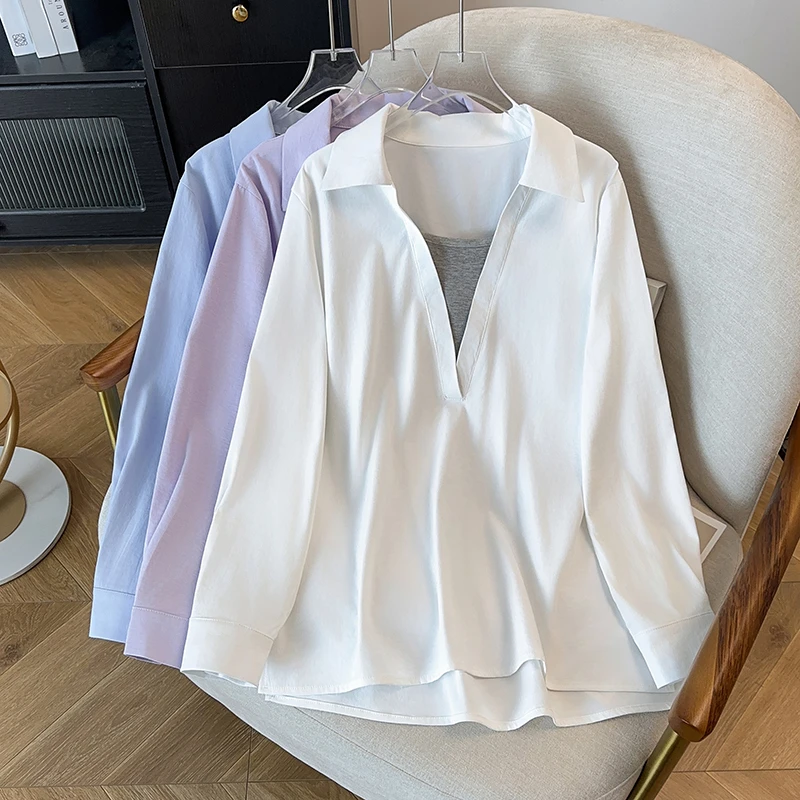 【小曹大码】假两件撞色长袖宽松简约百搭大码女装衬衣-YSDM6007