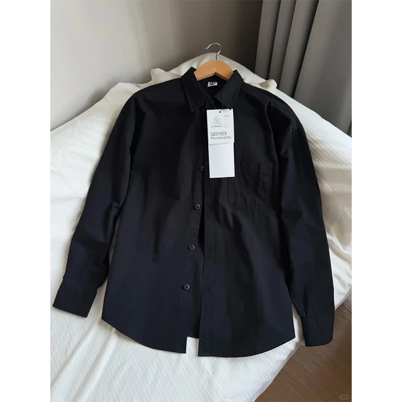 黑色纯棉衬衫外套男春秋高级感男装慵懒风内搭穿搭情侣装长袖衬衣