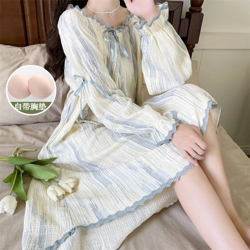 2024秋季新款云朵棉棉长袖系带甜美睡裙简约宽松带胸垫睡袍家居服