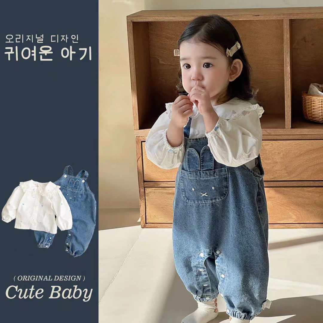 2025新款婴儿牛仔背带裤公主上衣套装荷叶领女宝宝洋气外出童装