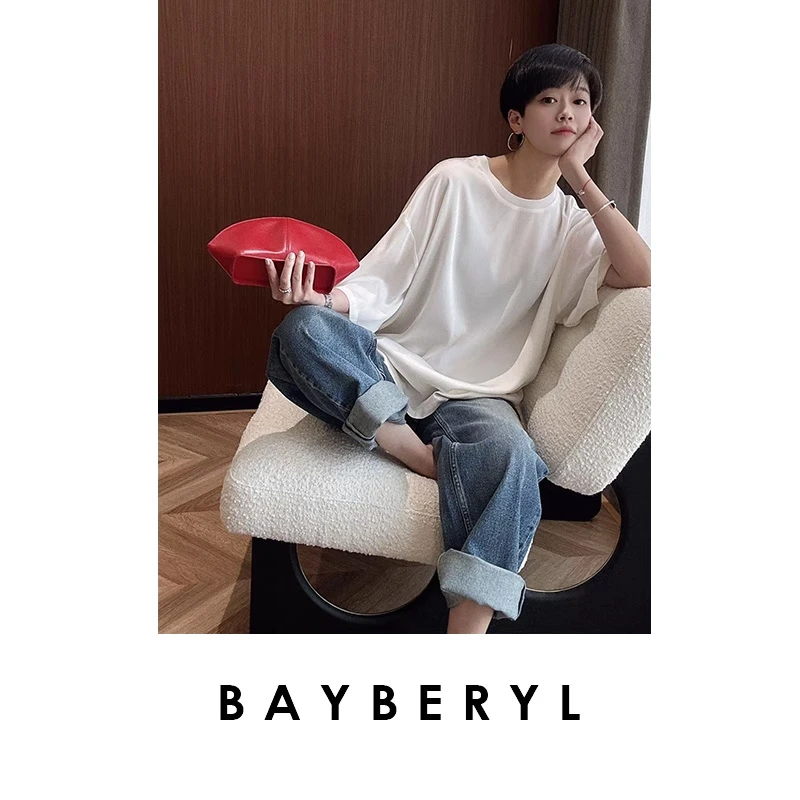BAYBERYL老贝大版真丝T*圆领百搭宽松25春顺滑短袖NCY5B2502-3/22