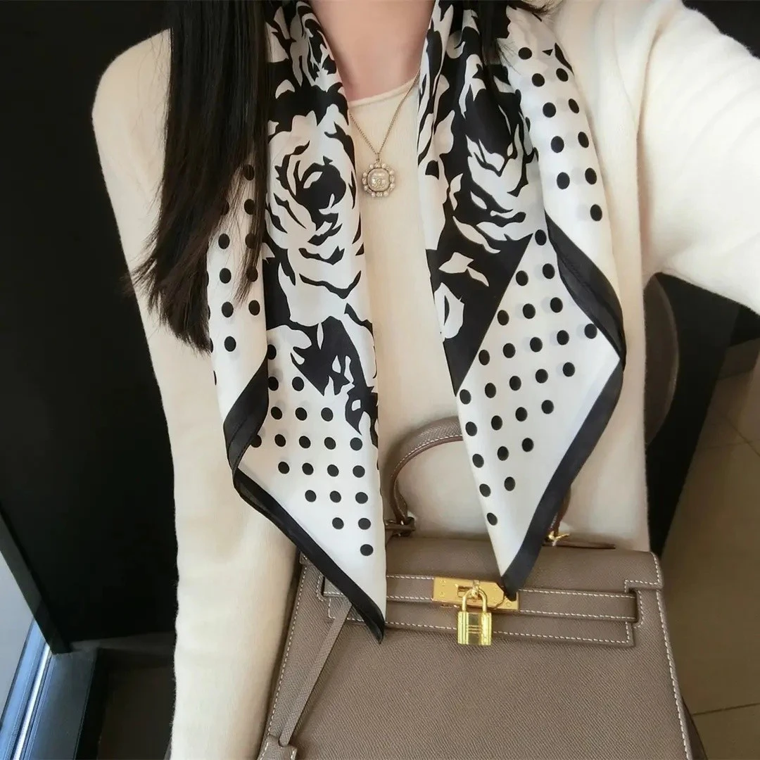 真丝双绉方巾65100桑蚕丝丝巾女妈妈礼物披肩外搭围巾波点玫瑰花