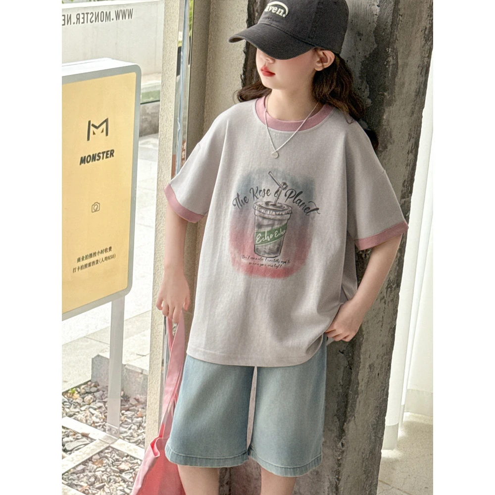 女童夏装套装2025新款中大童时髦洋气短袖儿童夏季牛仔短裤两件套