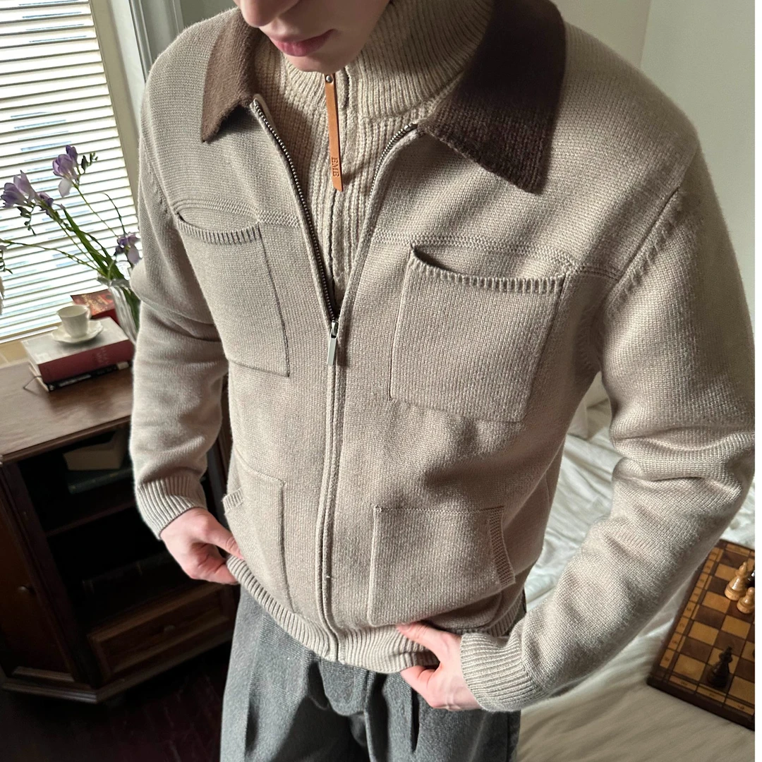 【EME】 双口袋点缀老钱风撞色翻领针织拉链开衫毛衣外套秋季新款