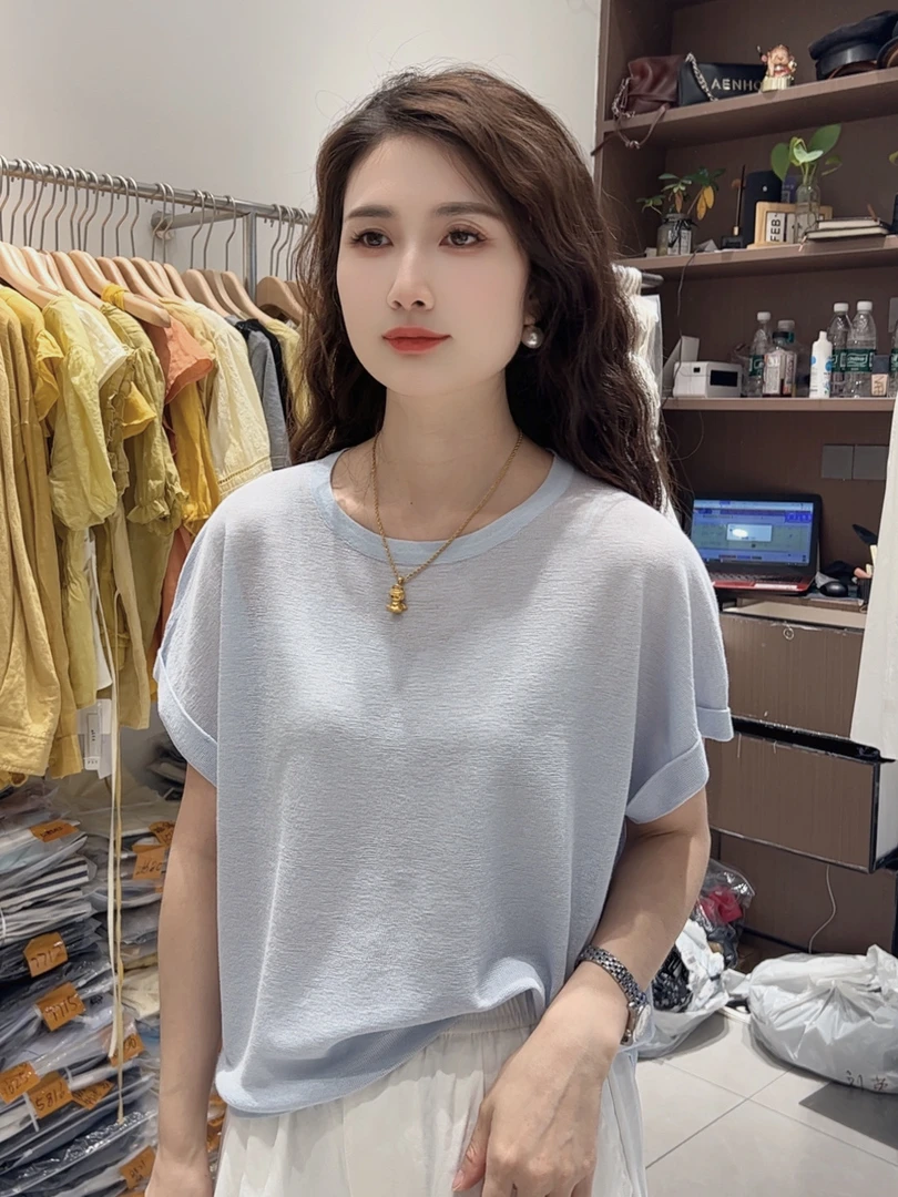 芬芬精选透气短袖圆领针织衫显瘦遮肉 65311