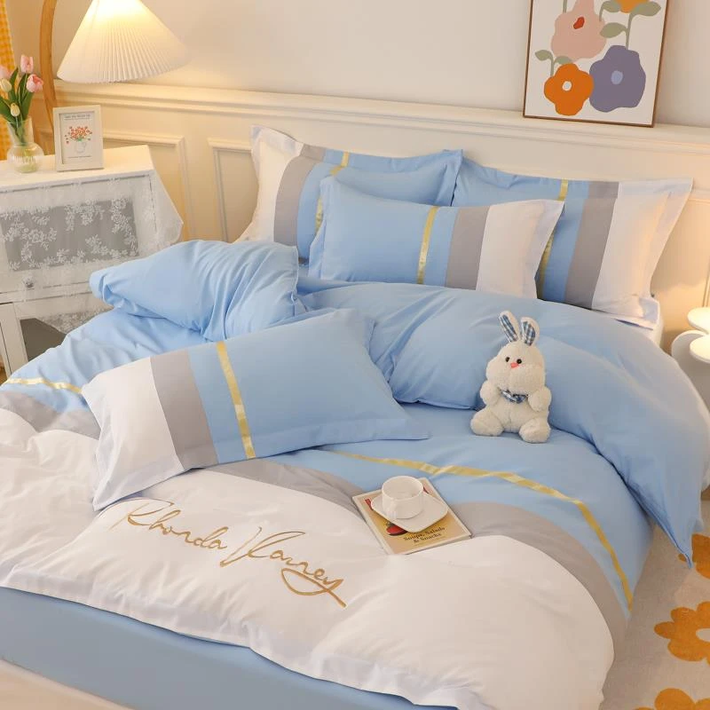 水星家纺适用轻奢简约纯棉四件套全棉小清新刺绣被套裸睡亲肤柔软