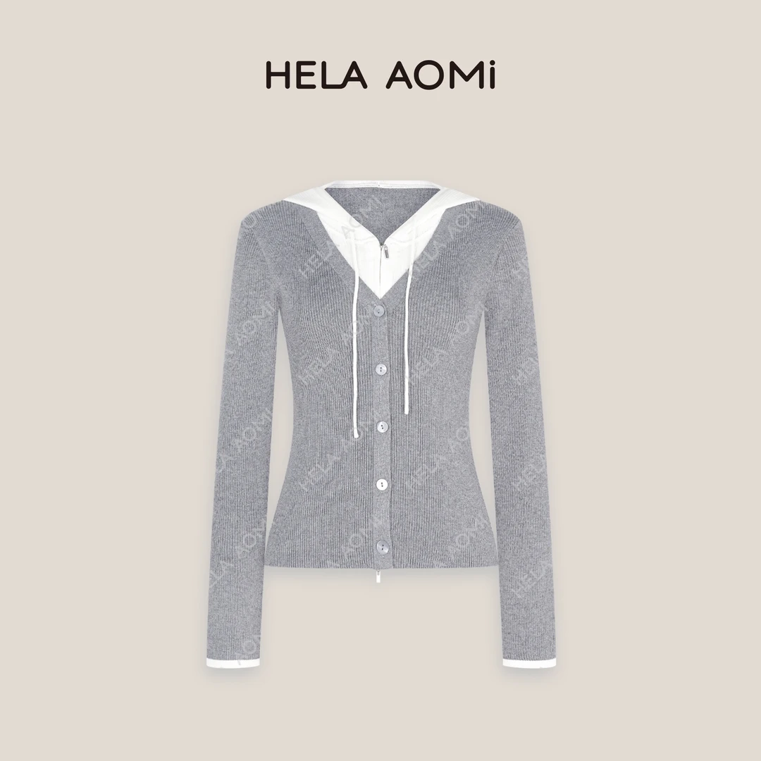 HELAAOMI“假两件帽衫”超高细度绵羊毛假两件针织开衫CY5CC32458