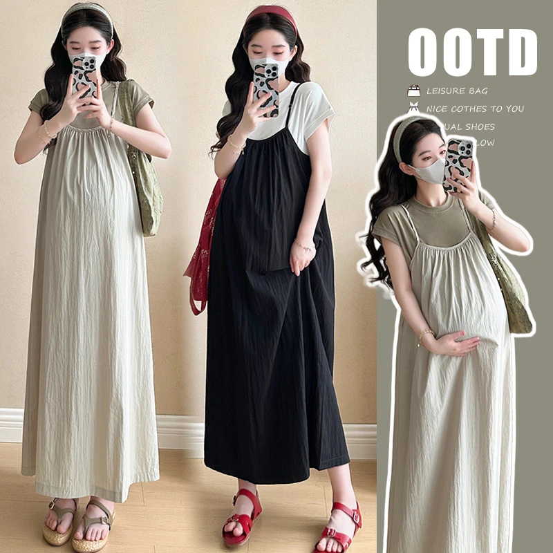 孕妇吊带连衣裙套装夏季新品纯棉上衣背带裙两件套显瘦遮肉大码薄