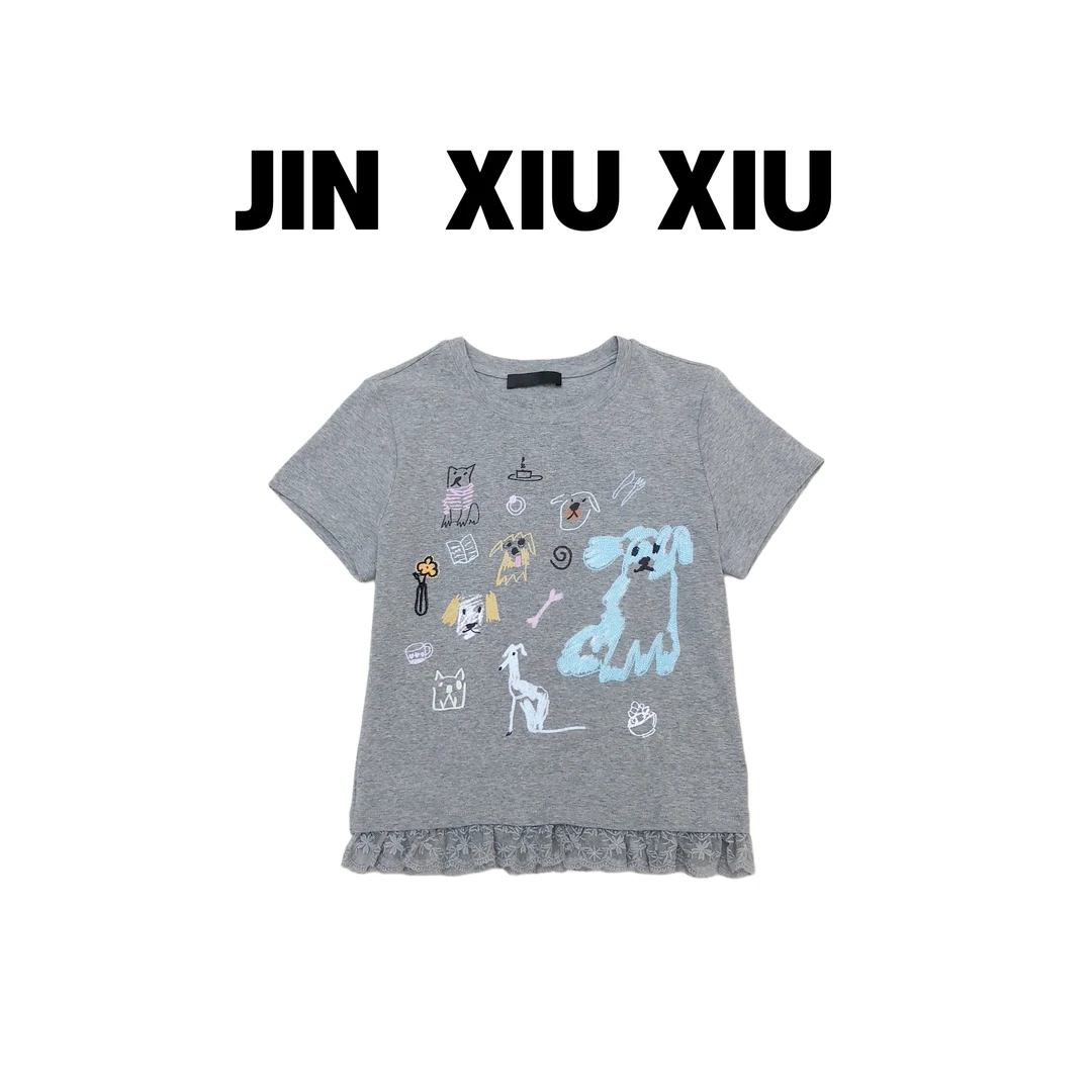 JINXIUXIU春夏新款可爱修身刺绣小狗圆领韩系甜美领短袖T恤790
