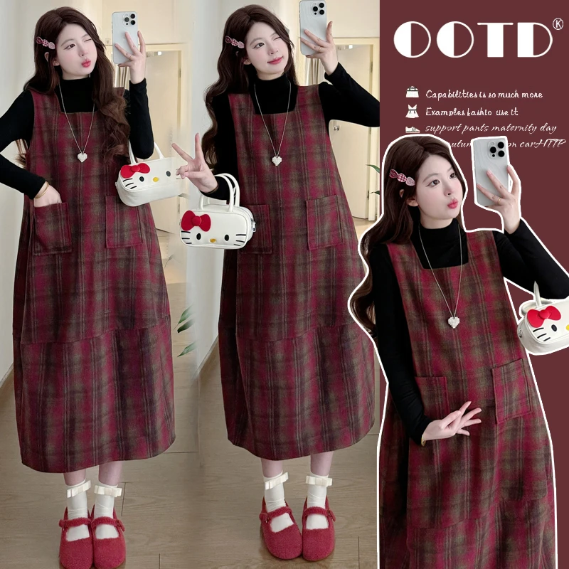 L755#1.2冬季孕妇格纹加厚减龄长款背心裙打底套装