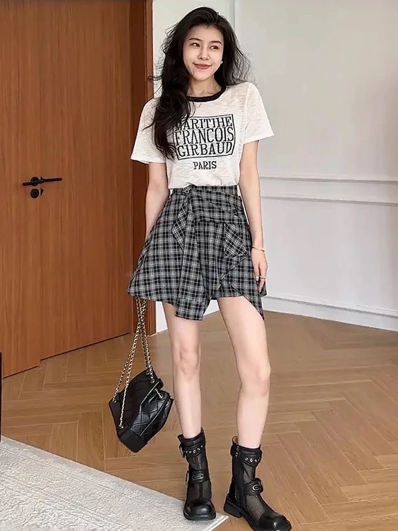 休闲复古洋气减龄套装2025夏季显瘦针织短袖假两件短裙裤两件套