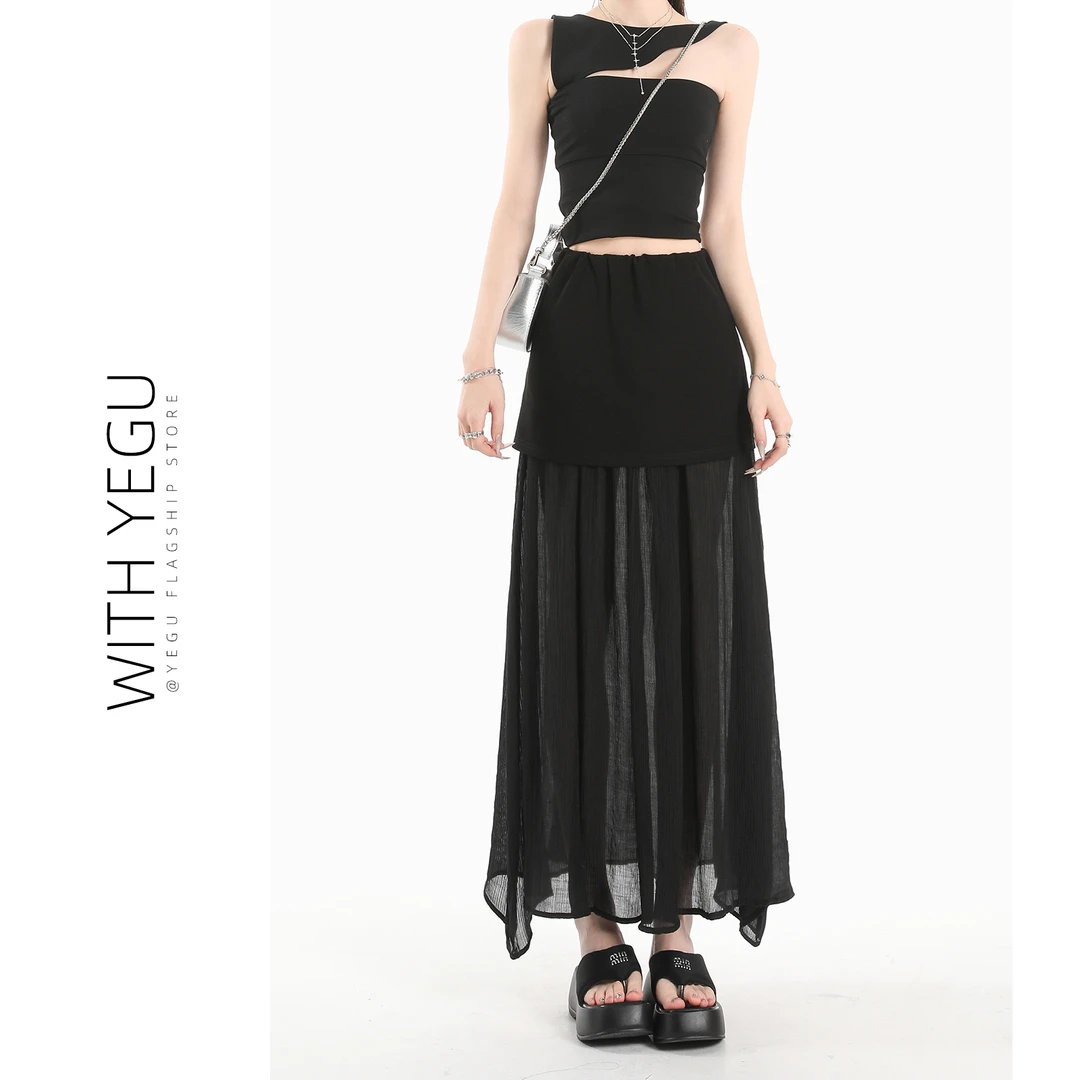 黑色网纱半身裙女夏季薄款假两件设计感a字裙小个子微透包臀长裙