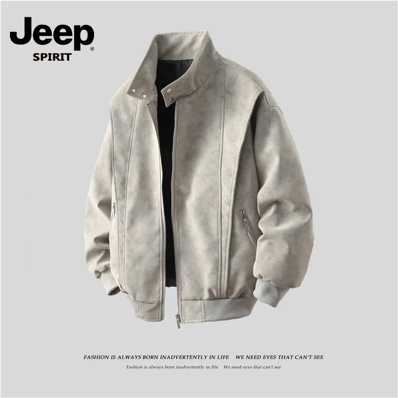 JEEPSPIRIT夹克男女款春秋季美式复古棒球领休闲宽松水洗皮衣港风