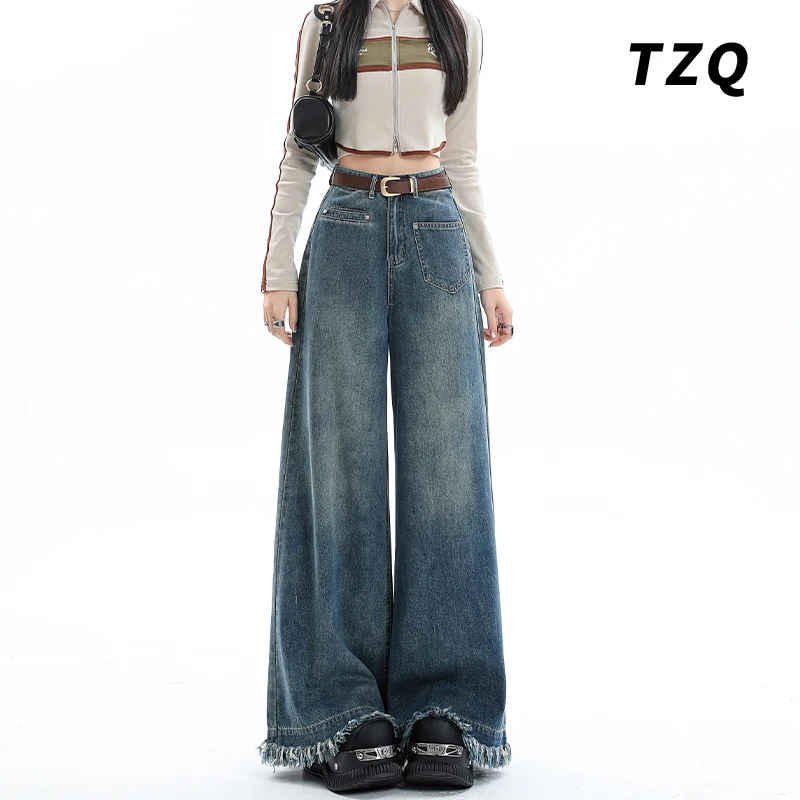 2025春秋季新款牛仔裤女高腰宽松显瘦设计感垂感阔腿裤TZQ122965