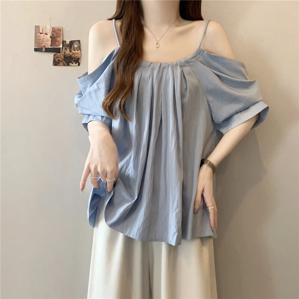 浅蓝色吊带露肩短袖衬衫女2025超好看夏季大码胖mm显瘦娃娃衫上衣