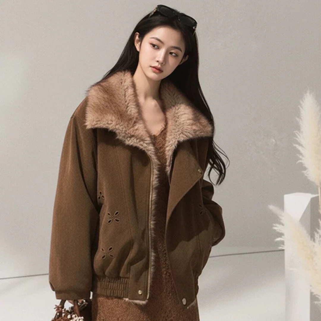 QAKKMQQ/"橡树与榛子" 冬季保暖外套女毛领厚款短款夹克翻领上衣