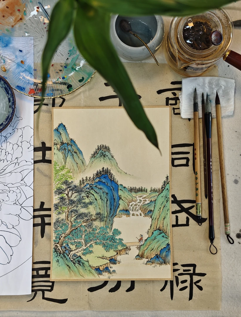 手绘青绿山水画小品A4尺寸其他尺寸可定制