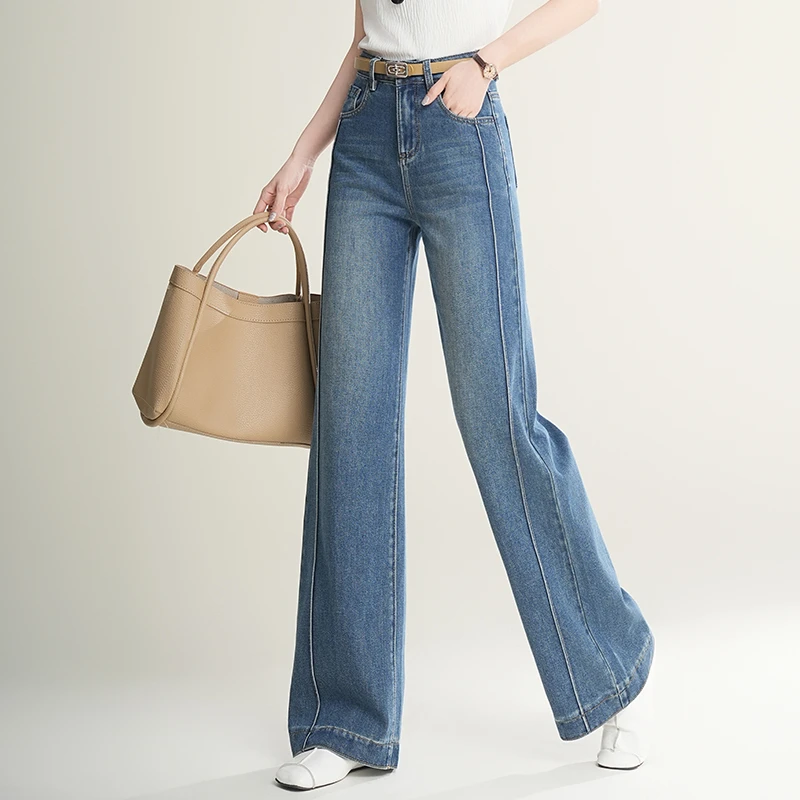 正品时尚高腰浅色阔腿裤牛仔裤女春秋季2025新款宽松显瘦直筒爆款