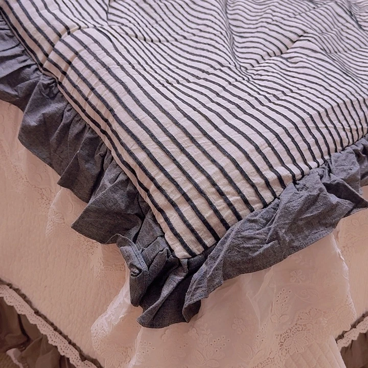 邂***逅棉麻棉灰色条纹春秋被