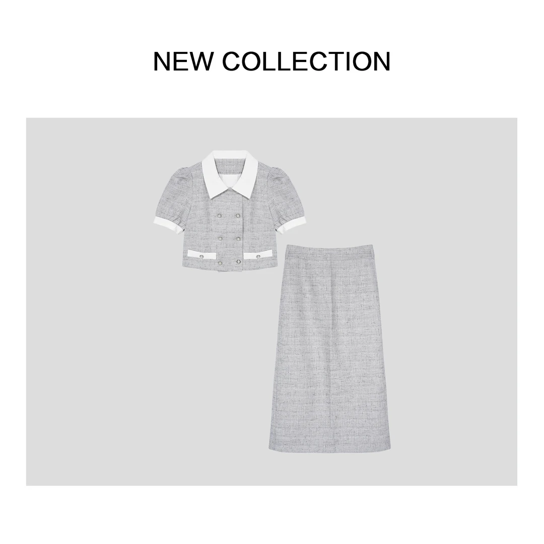 【香香专属】D1F27053 双排扣短袖上衣+高腰半身裙套装-5013