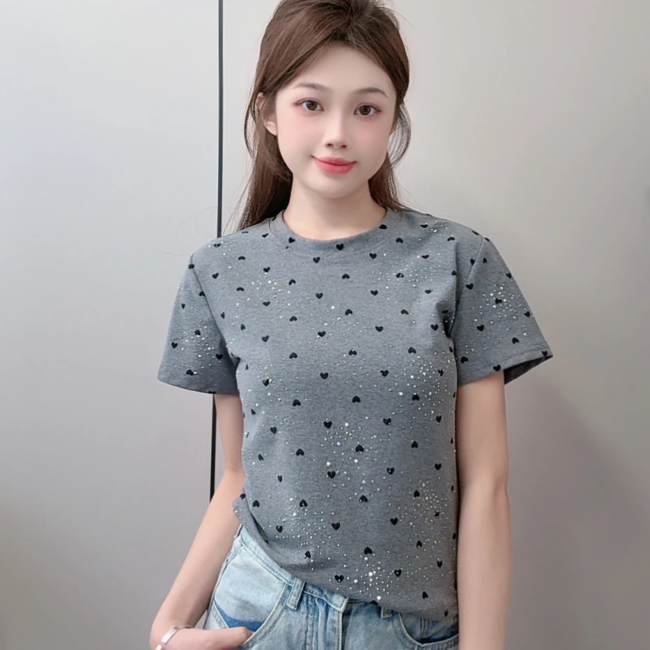 【小爱心烫钻】夏季新款灰色时尚弹力棉透气百搭显瘦短袖T恤女上衣