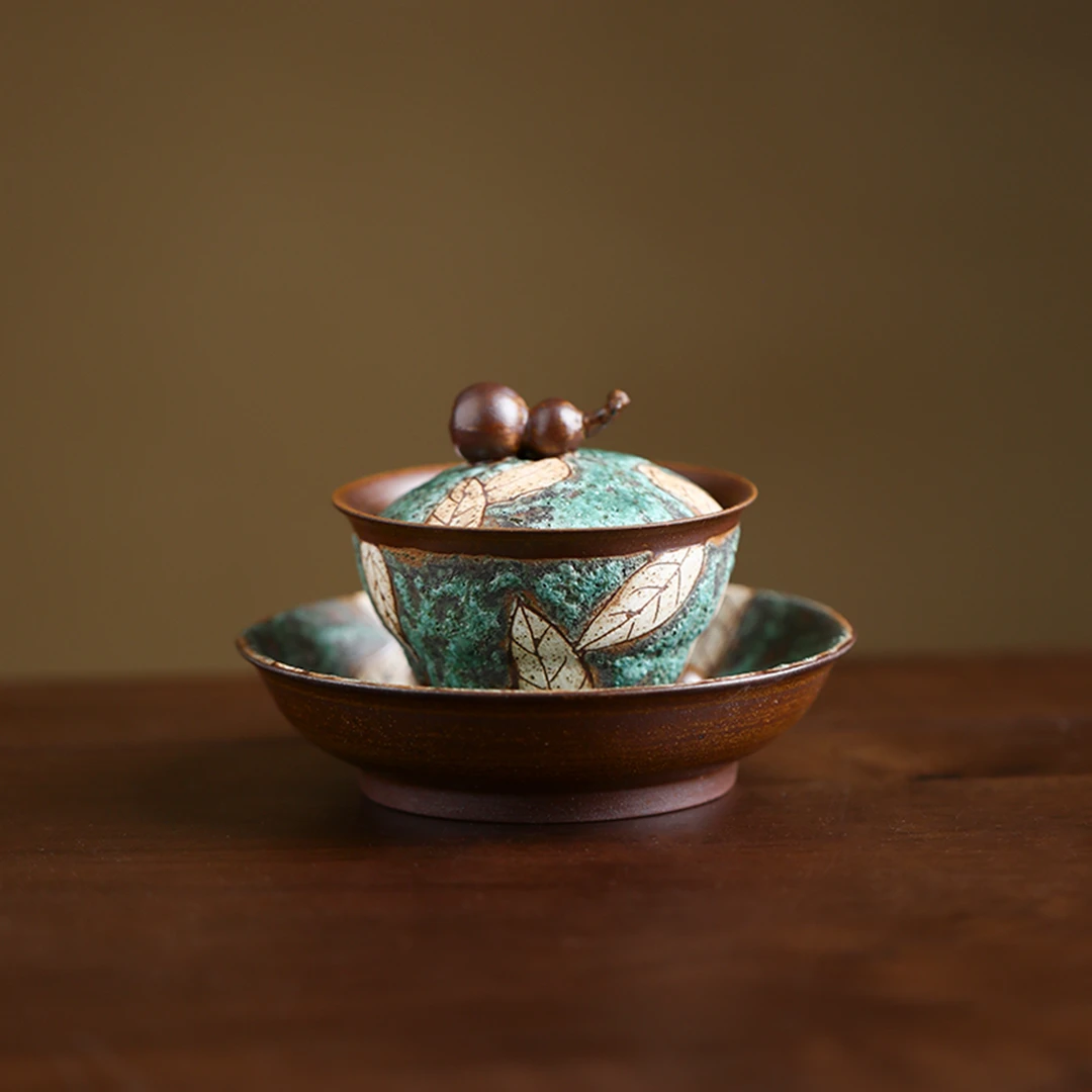 百垚纯手工绿松石刻绘葫芦盖碗家用不烫手粗陶泡茶器福禄茶碗