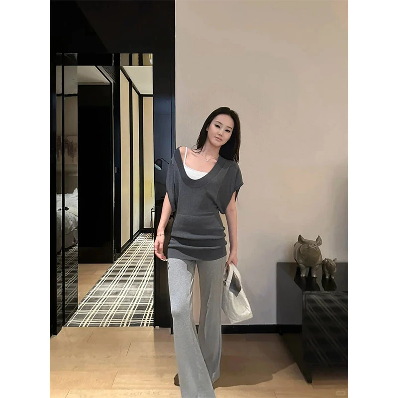 夏季小众设计款背心内搭修身显瘦短款上衣休闲宽松百搭直筒长裤女