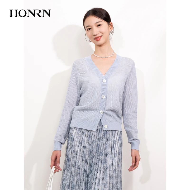 HONRN/红人蓝色v领薄款外搭显瘦棉针织衫开衫上衣女春秋HI11OM532