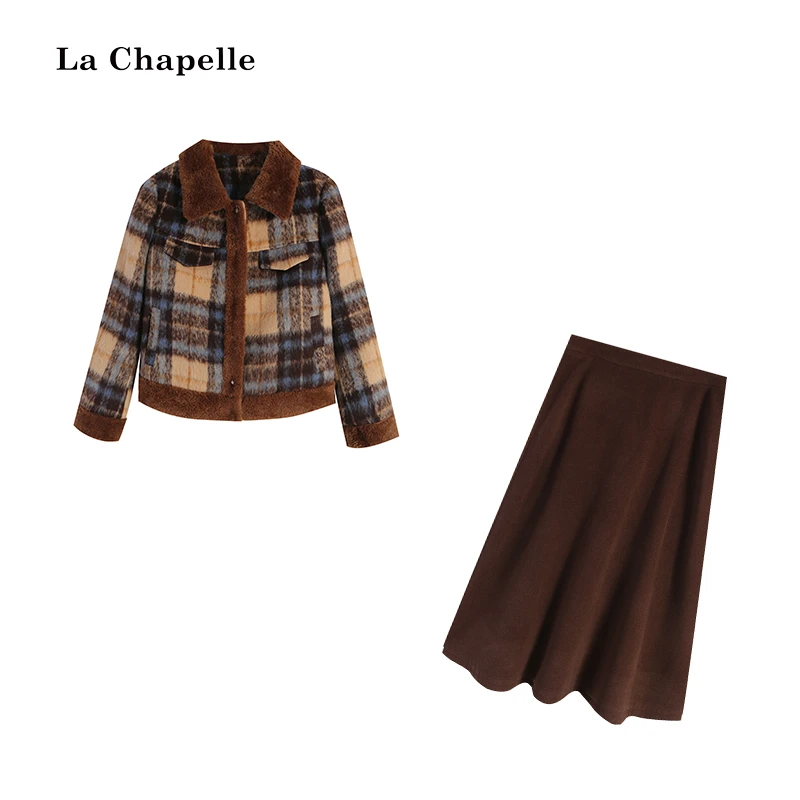 拉夏贝尔Homme/【】咖格棉上衣LA5ZL113802+咖色裙子LA5ZL113247