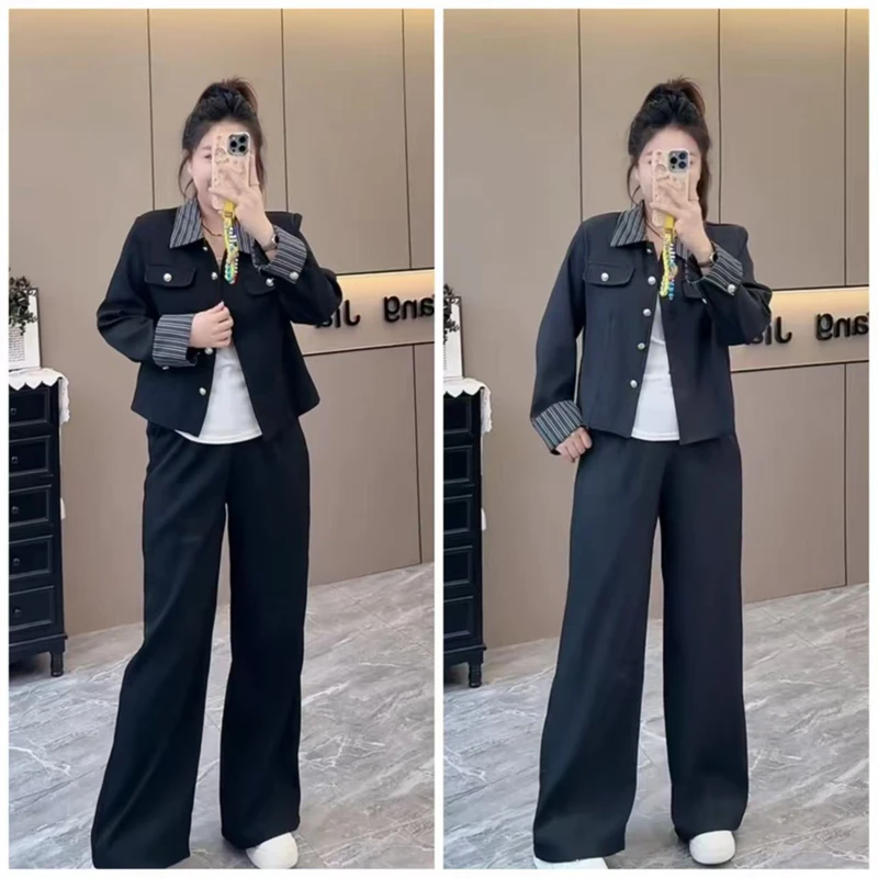 胖mm大码2025春季新款高级感休闲显瘦条纹拼接西服上衣裤子两件套