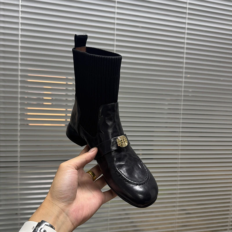 3cm/羊皮/真皮粗跟短靴女秋冬新款针织瘦瘦靴圆头中跟百搭袜靴女